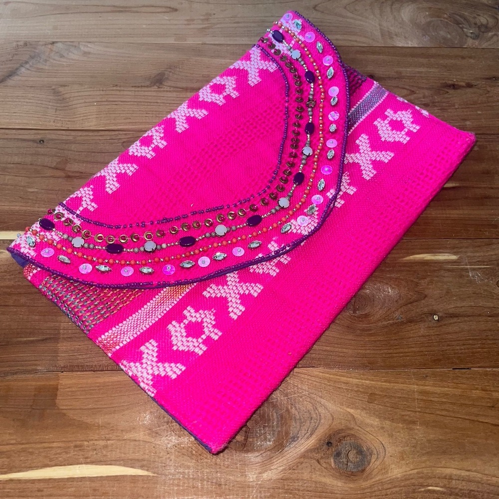 Pink Beaded clutch purse bag Country girl Southwestern Boho‎ Aztec